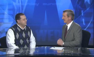 Bob Mueller (right) interviews Belmont's Dr. Nathan Griffith (left).