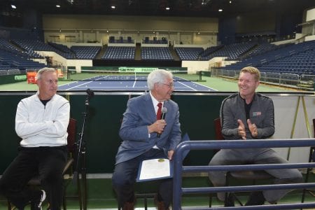 Davis Cup panel including Jim Courier at Belmont University Nashville, Tennessee, April 2, 2018.