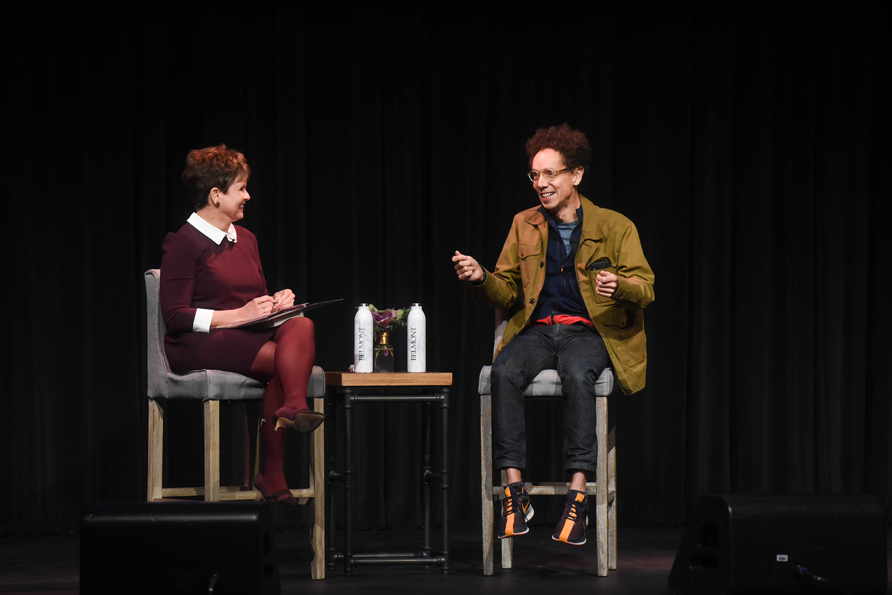 Malcolm Gladwell is interviewed by Demetria Kalodimos at the Fall Leadership Breakfast at Belmont
