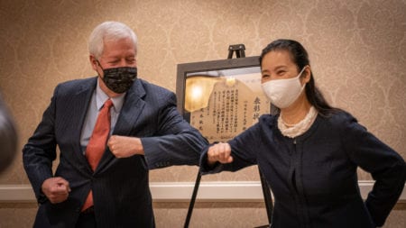 Dr. Fisher "elbow bumps" The Honorable Kayoko Fukushima, Consul-General of Japan in Nashville